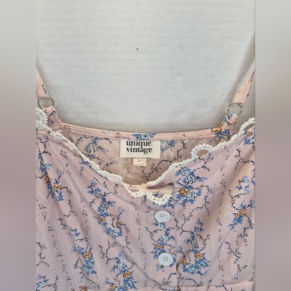 Unique vintage Light Pink Floral Pattern Swing Dress Style Crochet Trim Size L - Picture 2 of 12